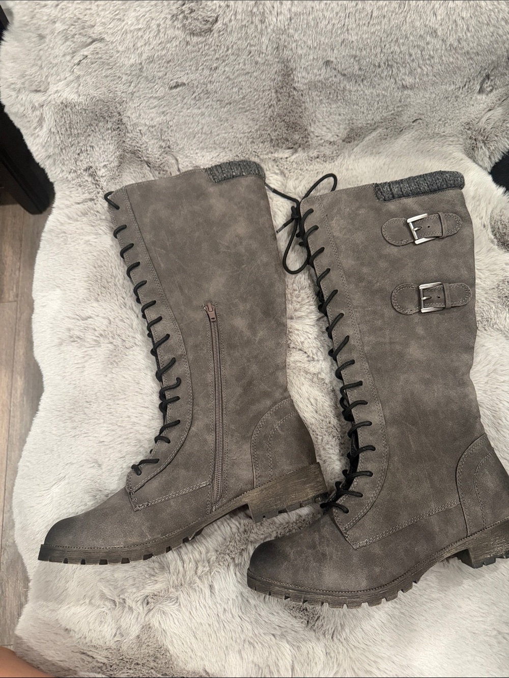 Jellypop Tomi Charcoal Grey Suede Tall Lace Up Combat Boots NIB Size 8